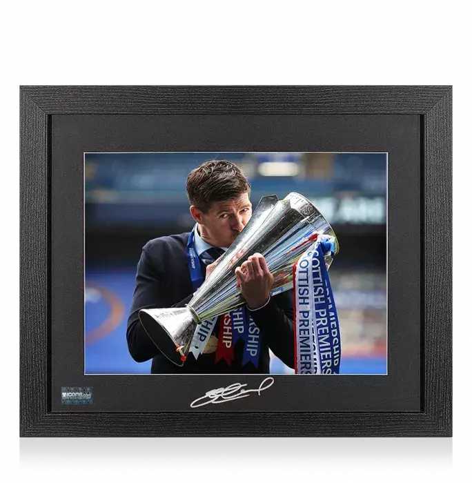 Steven Gerrard Signed Rangers FC Photo Mount In Black Wooden Frame: 2020/21 Scottish Premiership Champion