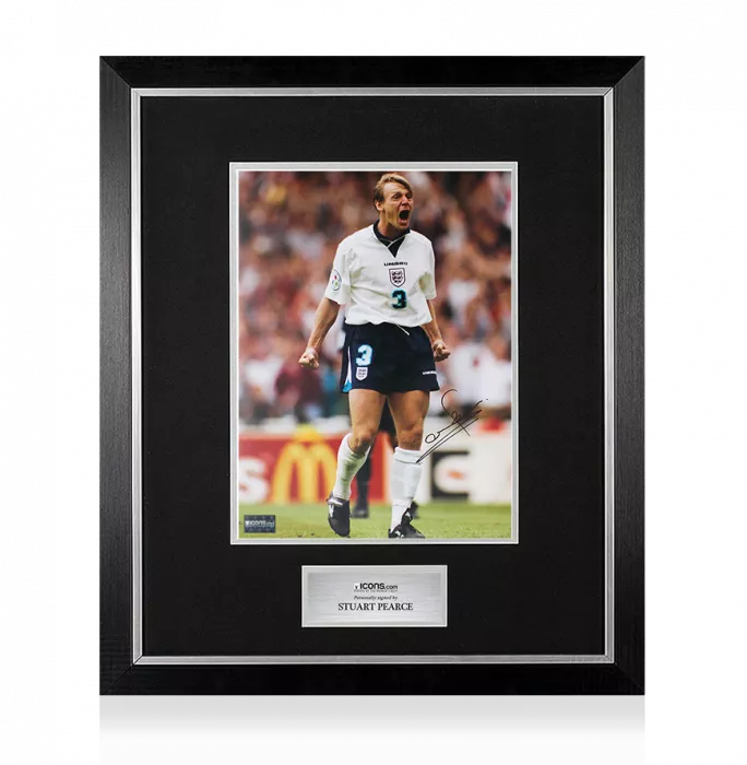 Stuart Pearce Signed England Photo In Premium Photo Frame: EURO 96 Penalty