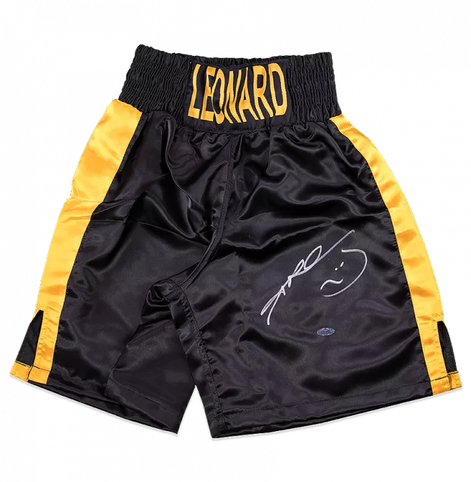 Sugar Ray Leonard Signed Black and Gold Boxing Shorts