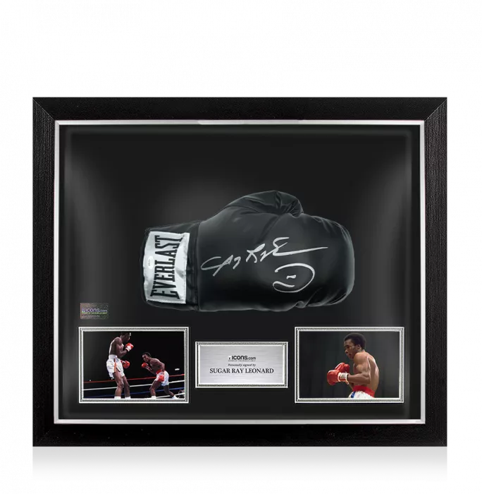 Sugar Ray Leonard Signed Everlast Black Boxing Glove In Bubble Frame: Option 1