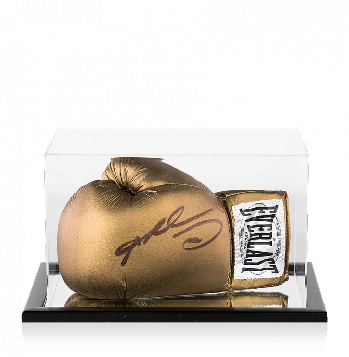 Sugar Ray Leonard Signed Gold Everlast Boxing Glove In Acrylic Display Case