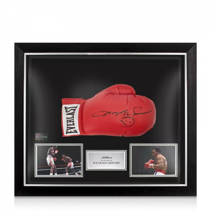 Sugar Ray Leonard Signed Red Boxing Glove In Bubble Frame: Option 1