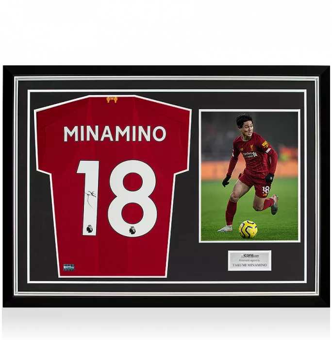 Takumi Minamino Signed Liverpool 2019-20 Home Shirt In Hero Frame: Option 1