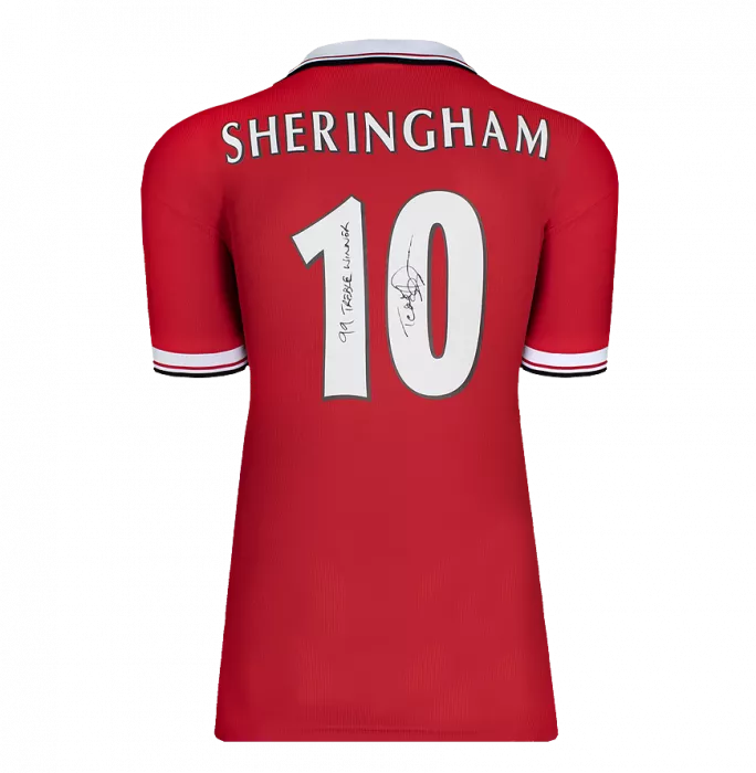 Teddy Sheringham Back Signed Manchester United 1999 Home Shirt With Fan Style Numbers - '1998-99 Treble Winner' Inscription In Hero Frame: Option 1