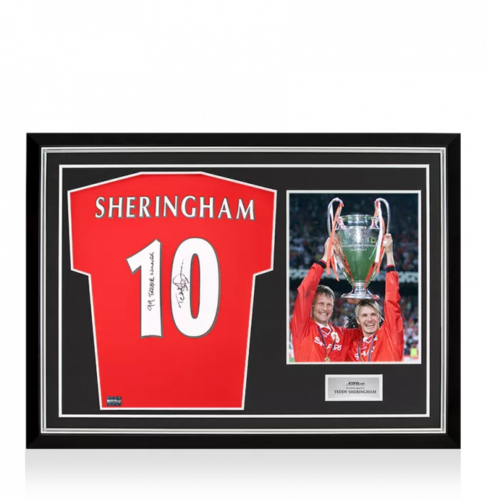 Teddy Sheringham Back Signed Manchester United 1999 Home Shirt With Fan Style Numbers - '1998-99 Treble Winner' Inscription In Hero Frame: Option 1