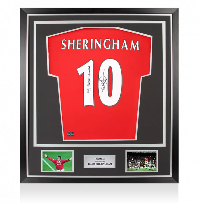 Teddy Sheringham Back Signed Manchester United 1999 Home Shirt With Fan Style Numbers - '1998-99 Treble Winner' Inscription In Classic Frame