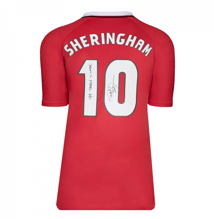 Teddy Sheringham Back Signed Manchester United 1999 Home Shirt In Hero Frame: '1998-99 Treble Winner' Inscription