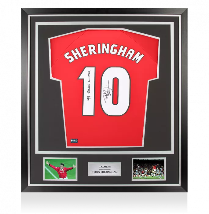 Teddy Sheringham Back Signed Manchester United 1999 Home Shirt In Classic Frame: '1998-99 Treble Winner' Inscription