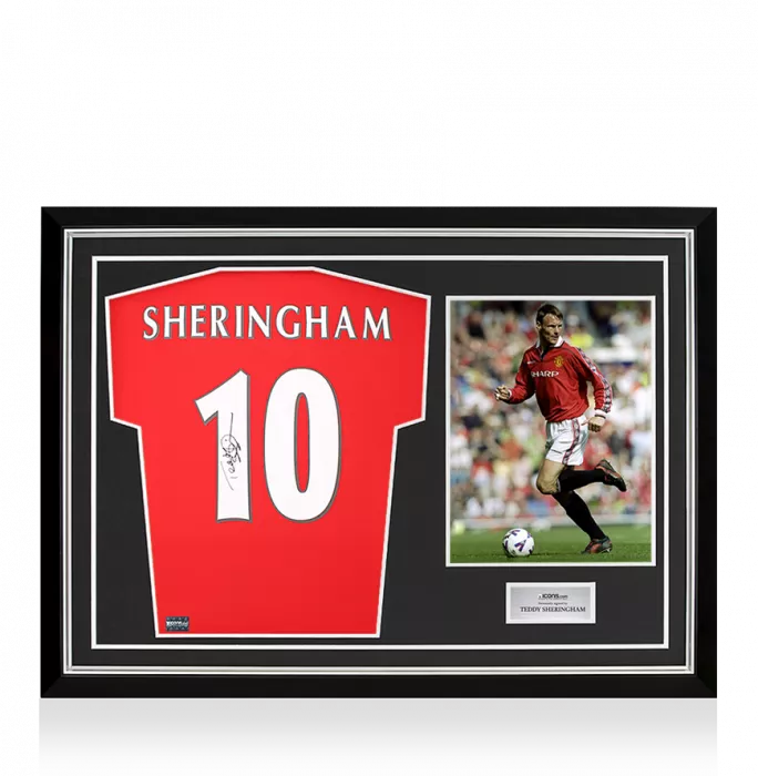 Teddy Sheringham Back Signed Manchester United 1999 Home Shirt With Fan Style Numbers In Hero Frame: Option 1