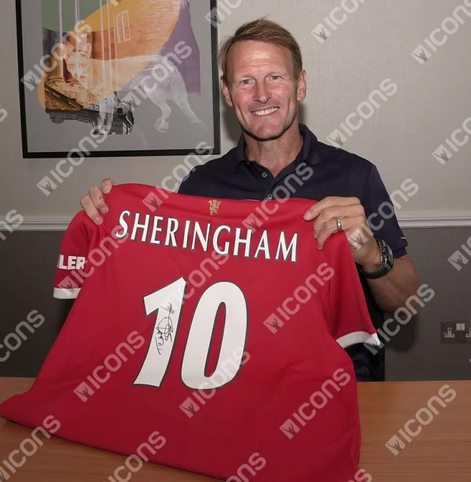 Teddy Sheringham Back Signed Manchester United 2021-22 Home Shirt With Fan Style Numbers In Deluxe Packaging