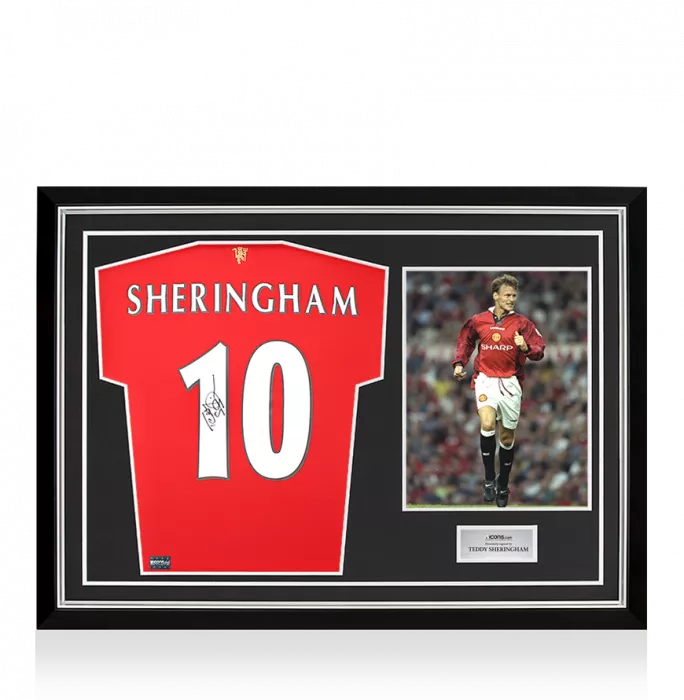 Teddy Sheringham Back Signed Manchester United 2021-22 Home Shirt With Fan Style Numbers In Hero Frame: Option 1