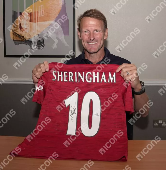 Teddy Sheringham Back Signed Manchester United 2020-21 Home Shirt With Fan Style Numbers In Hero Frame: Option 1