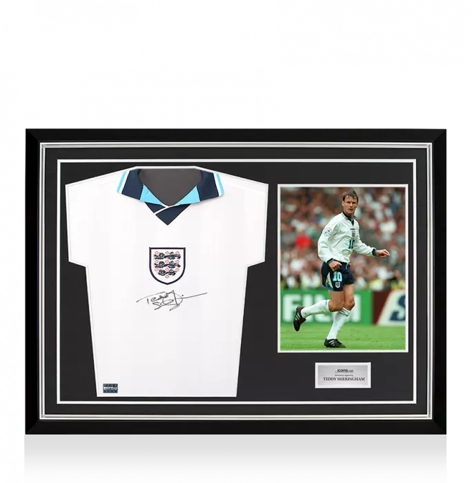 Teddy Sheringham Front Signed England 1996 Home Shirt In Hero Frame: Option 1