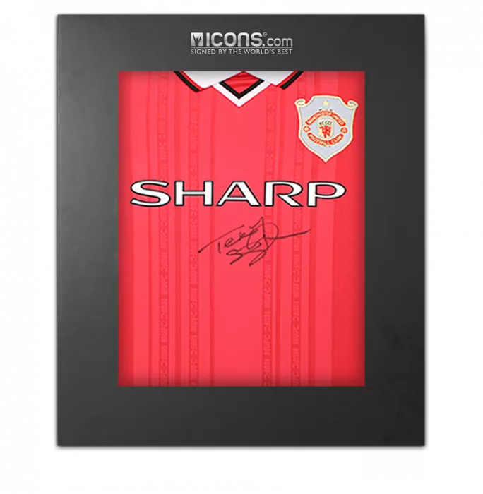 Teddy Sheringham Front Signed Manchester United 1999 Home Shirt In Deluxe Packaging