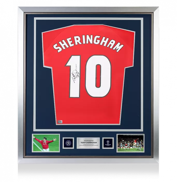 Teddy Sheringham Official UEFA Champions League Back Signed and Framed Manchester United 1999 Home Shirt