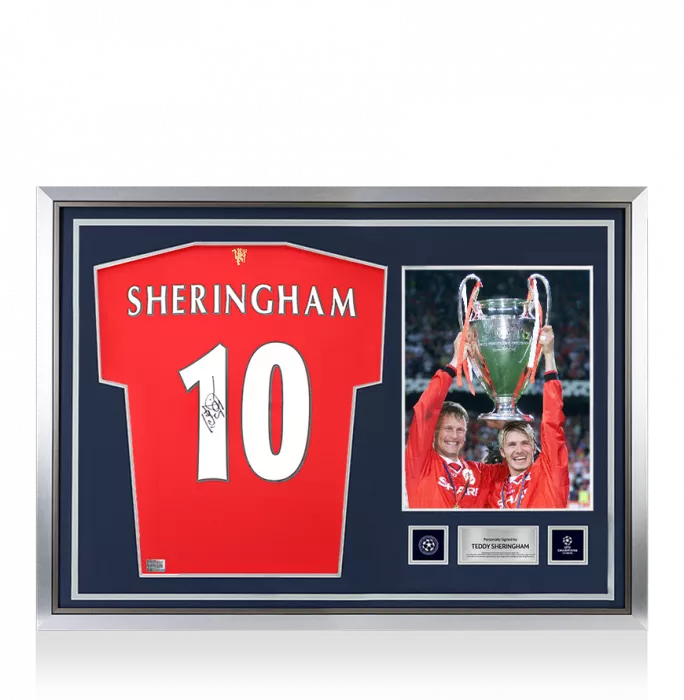 Teddy Sheringham Official UEFA Champions League Back Signed and Hero Framed Manchester United 2021-22 Home Shirt With Fan Style Numbers