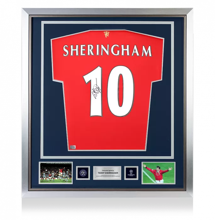 Teddy Sheringham Official UEFA Champions League Back Signed and Framed Manchester United 2021-22 Home Shirt With Fan Style Numbers
