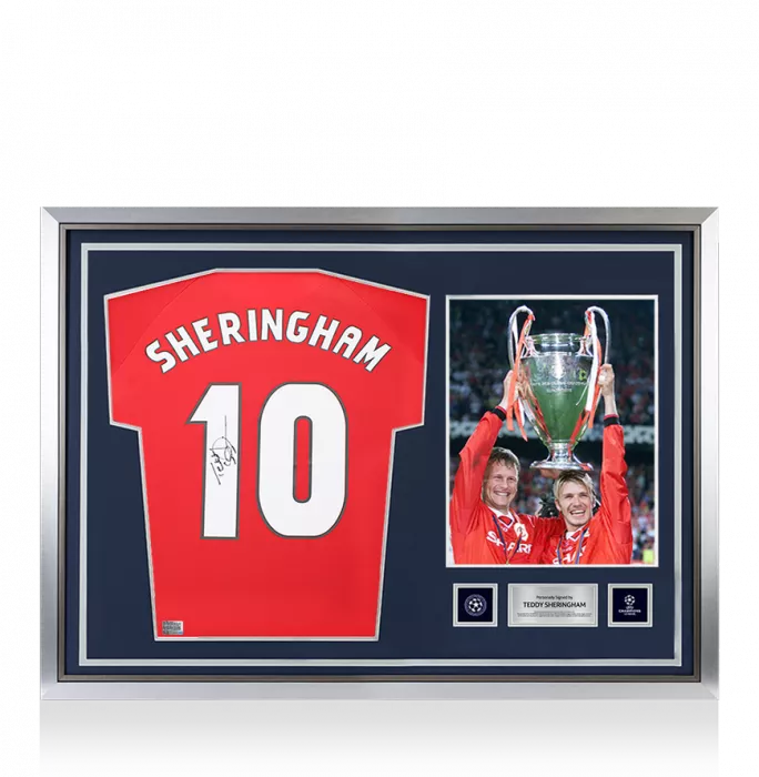 Teddy Sheringham Official UEFA Champions League Back Signed And Hero Framed Manchester United 1999 Home Shirt