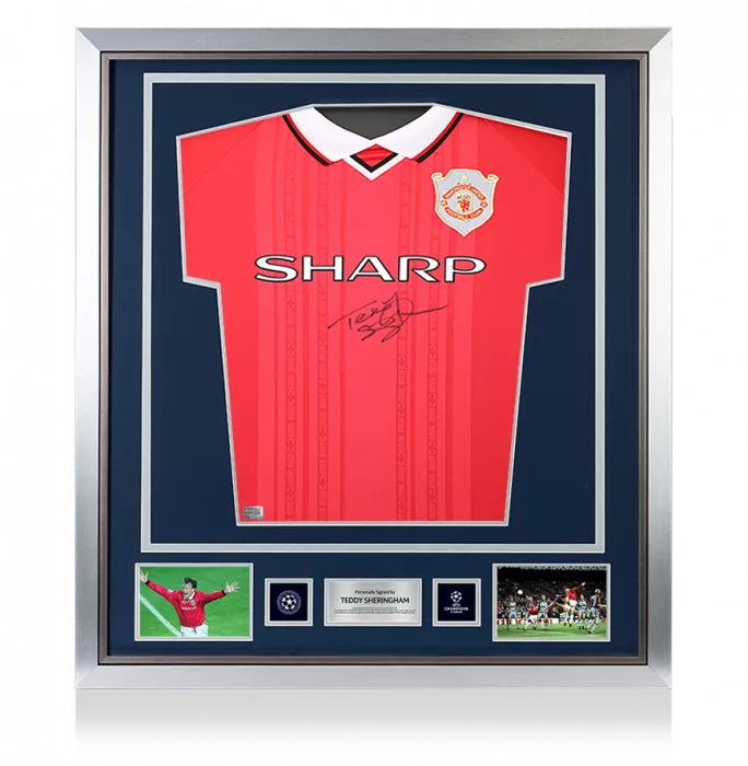 Teddy Sheringham Official UEFA Champions League Front Signed And Framed Manchester United 1999 Home Shirt
