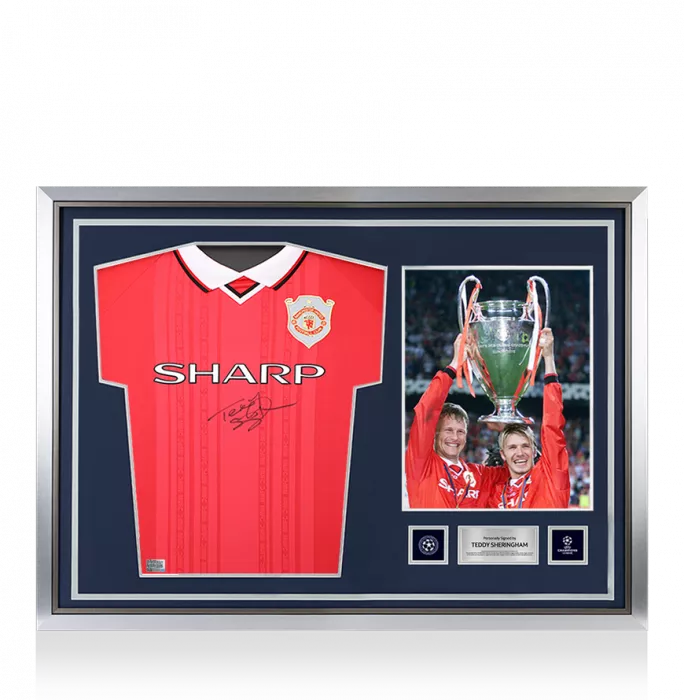 Teddy Sheringham Official UEFA Champions League Front Signed and Hero Framed Manchester United 1999 Home Shirt