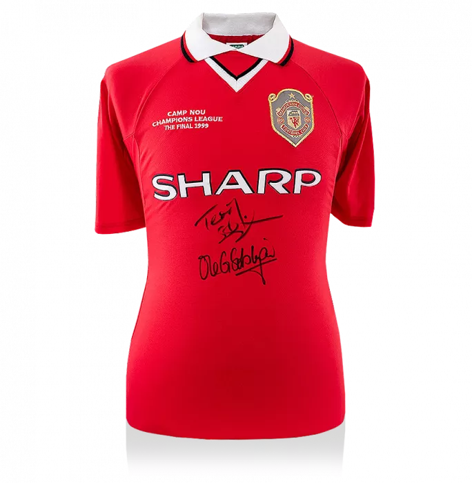 Teddy Sheringham & Ole Gunnar Solskjaer Front Signed Manchester United Home Shirt: 1999 UEFA Champions League Final Edition In Hero Frame: Option 1