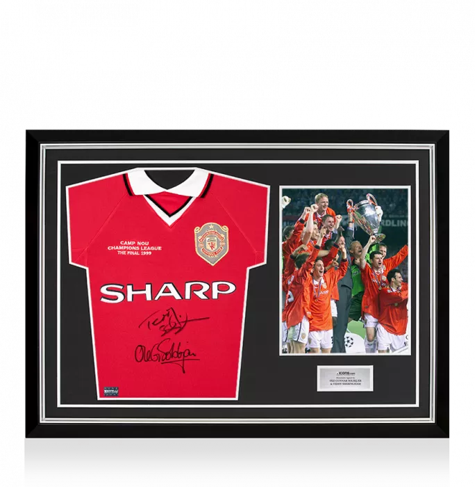 Teddy Sheringham & Ole Gunnar Solskjaer Front Signed Manchester United Home Shirt: 1999 UEFA Champions League Final Edition In Hero Frame: Option 1
