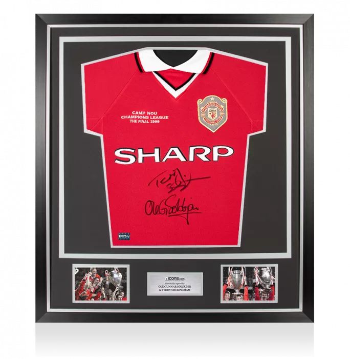 Teddy Sheringham & Ole Gunnar Solskjaer Signed Manchester United Home Shirt In Classic Frame: 1999 UEFA Champions League Final Edition