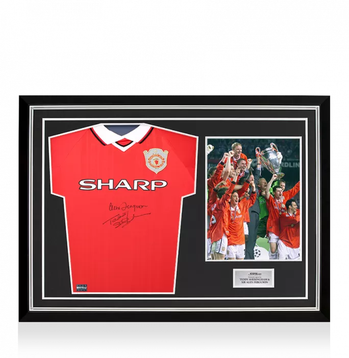 Teddy Sheringham & Sir Alex Ferguson Dual Signed Manchester United 1999 UEFA Champions League Home Shirt In Hero Frame: Option 1