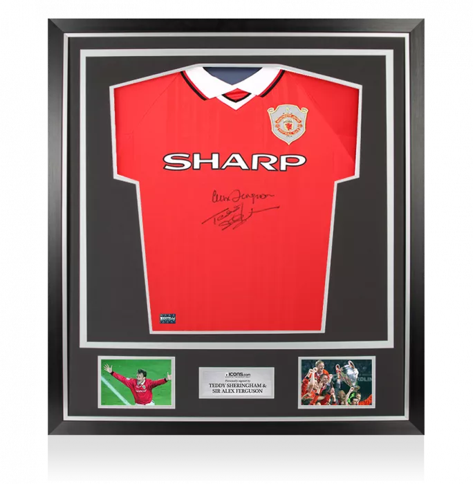Teddy Sheringham & Sir Alex Ferguson Dual Signed Manchester United 1999 UEFA Champions League Home Shirt In Classic Frame