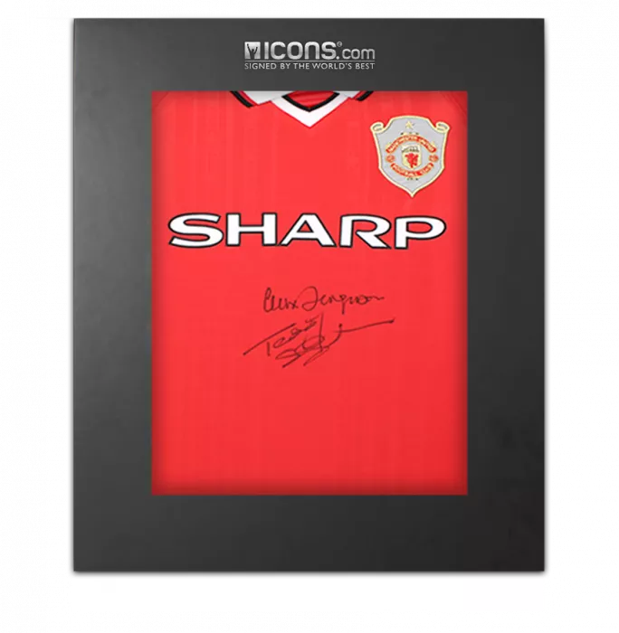 Teddy Sheringham & Sir Alex Ferguson Dual Signed Manchester United 1999 UEFA Champions League Home Shirt In Deluxe Packaging