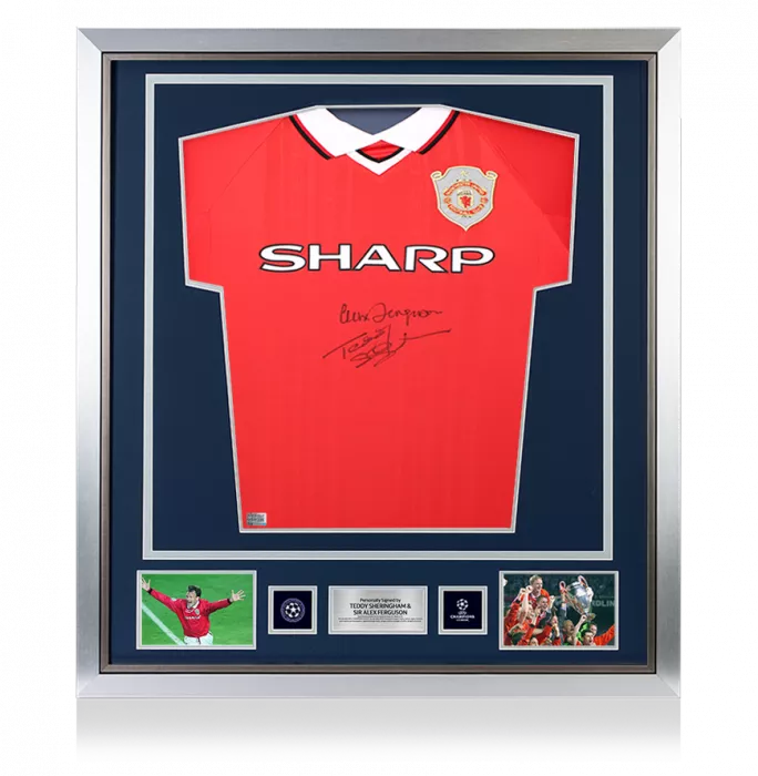 Teddy Sheringham & Sir Alex Ferguson Official UEFA Champions League Signed and Framed Manchester United 1999 Home Shirt
