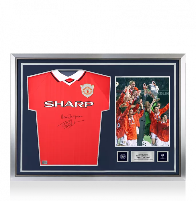 Teddy Sheringham & Sir Alex Ferguson Official UEFA Champions League Signed and Hero Framed Manchester United 1999 Home Shirt