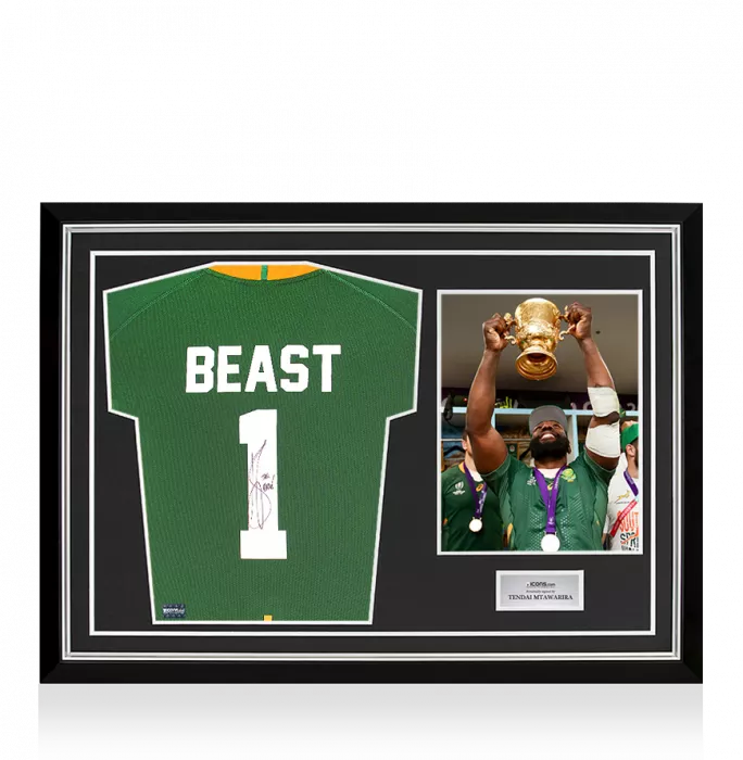 Tendai “Beast” Mtawarira Back Signed South Africa Springbok Shirt In Hero Frame: Option 1