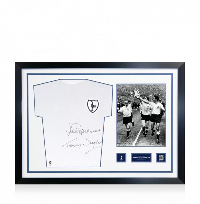 Terry Dyson & Jimmy Greaves Official Tottenham Hotspur Front Signed And Framed Retro Home Shirt