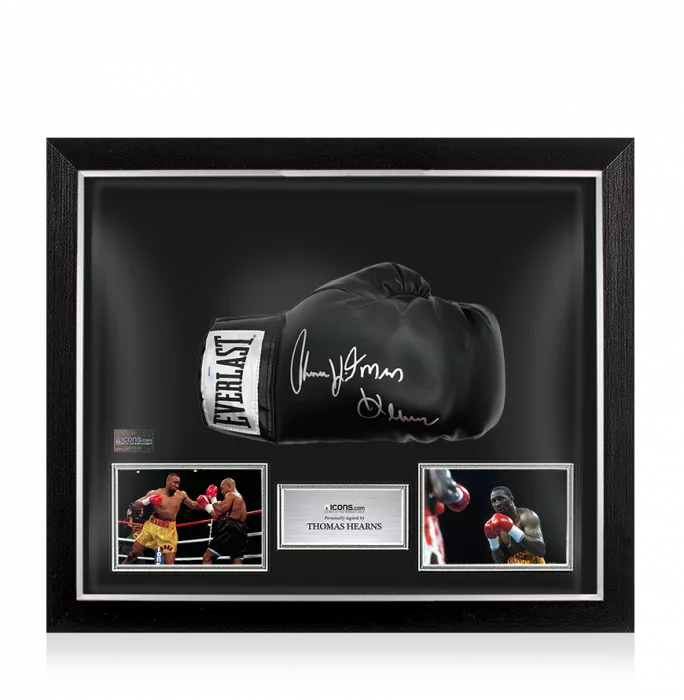 Thomas Hearns Signed Everlast Black Boxing Glove In Bubble Frame: "Hitman" Inscription