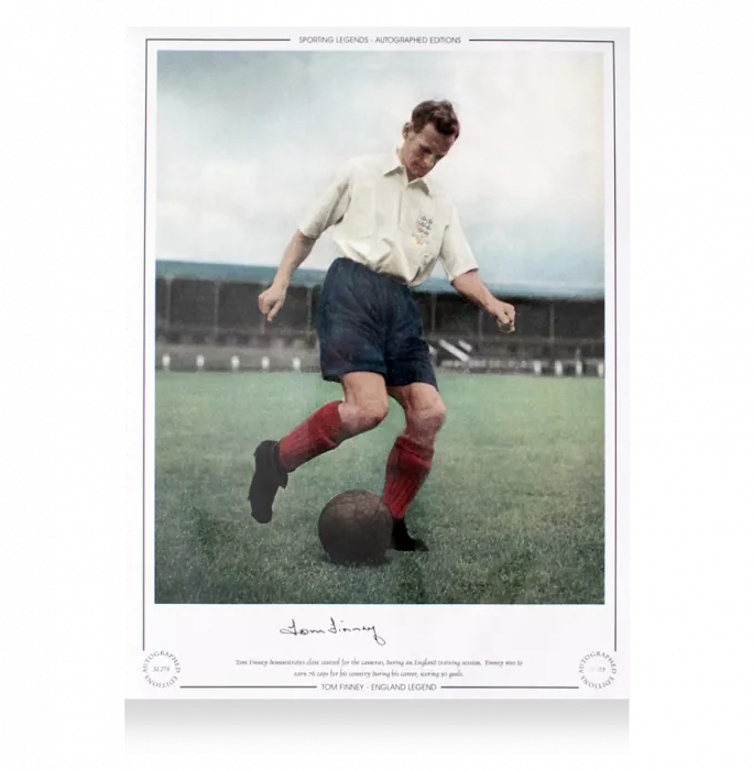 Tom Finney Signed England Photo In Black Wooden Frame