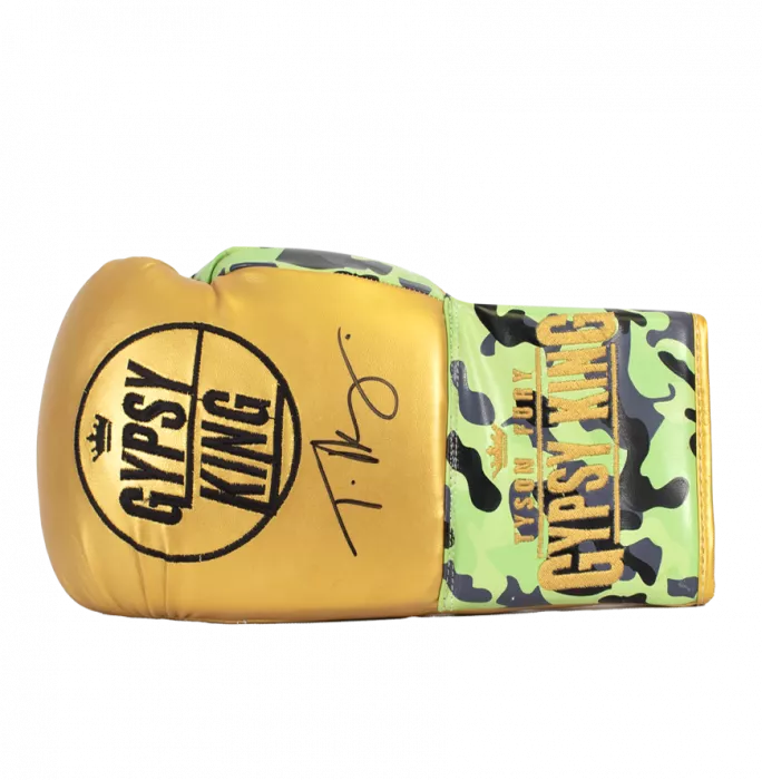 Tyson Fury Signed Boxing Glove - Gold/Camo Gypsy King In Acrylic Case