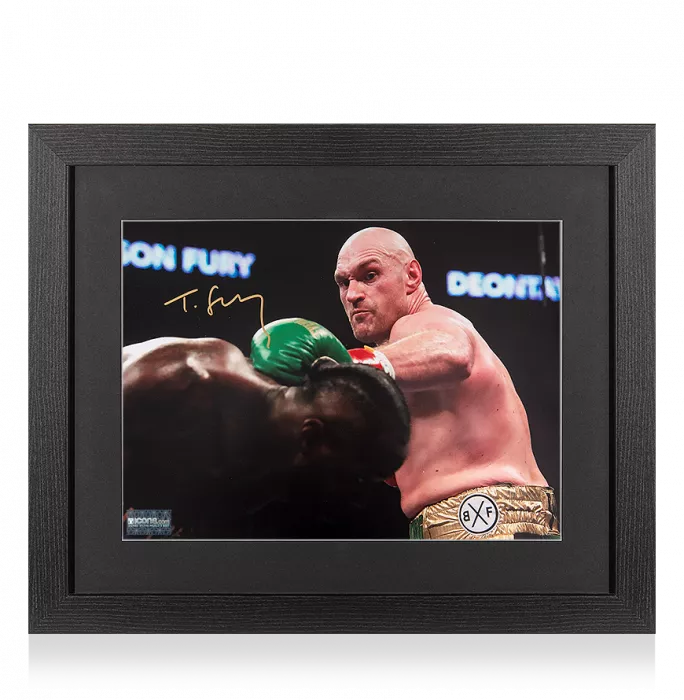 Tyson Fury Signed Boxing Photo In Black Wooden Frame: Punching Deontay Wilder