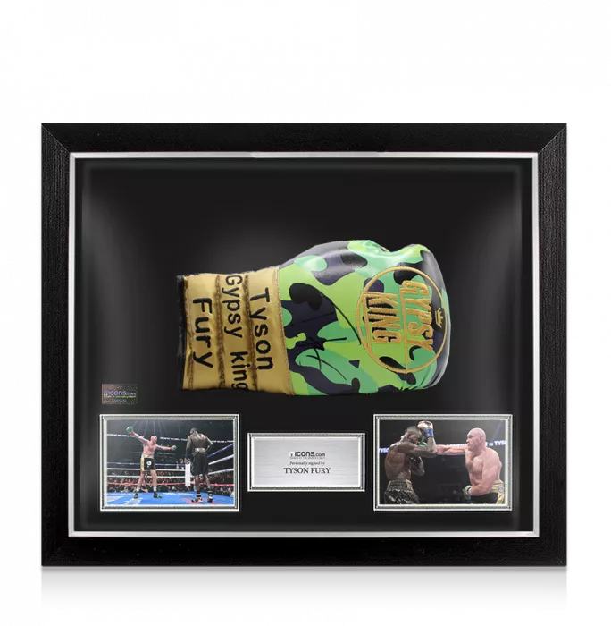 Tyson Fury Signed Gold and Camo Boxing Glove In Bubble Frame: Option 1