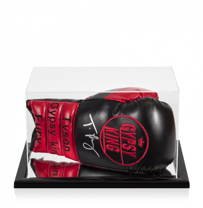 Tyson Fury Signed Red and Black Gypsy King Boxing Glove In Acrylic Case