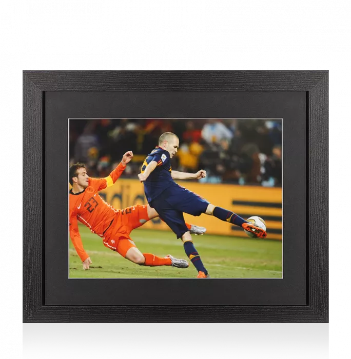 UNSIGNED Andres Iniesta Photo In Black Wooden Frame: Strike for Spain vs Netherlands