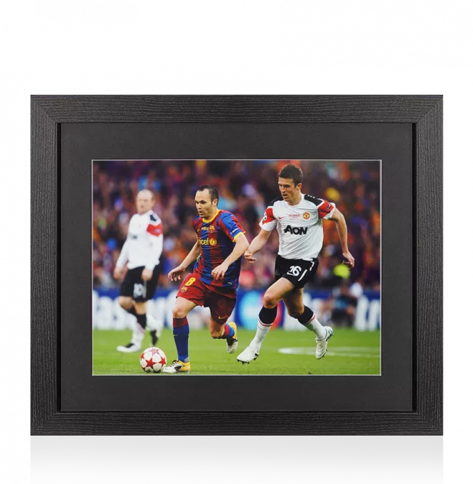 UNSIGNED Andres Iniesta Photo In Black Wooden Frame: FC Barcelona In Action vs Manchester United
