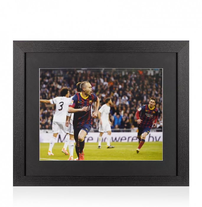 UNSIGNED Andres Iniesta Photo In Black Wooden Frame: FC Barcelona Celebration vs Real Madrid