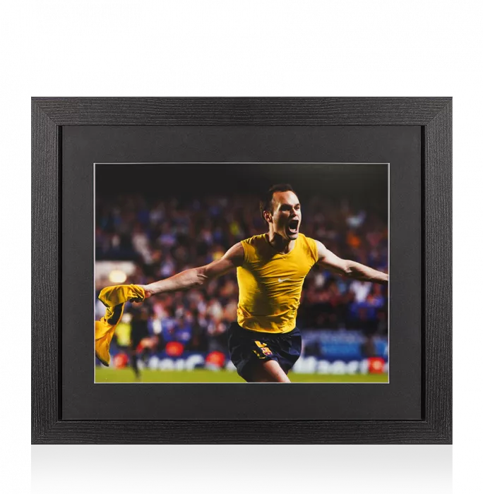 UNSIGNED Andres Iniesta Photo In Black Wooden Frame: FC Barcelona Shirt Off Celebration