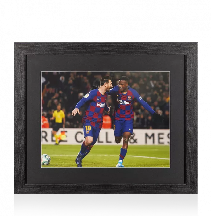 UNSIGNED Ansu Fati Photo In Black Wooden Frame: FC Barcelona Celebration with Lionel Messi