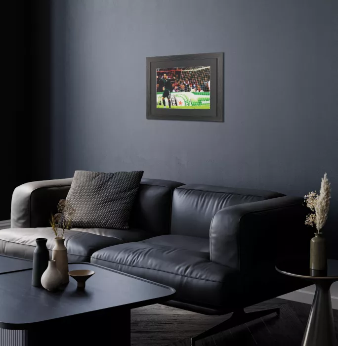 UNSIGNED Cristiano Ronaldo Photo In Black Wooden Frame: Real Madrid Arms Out Celebration UEFA Champions League