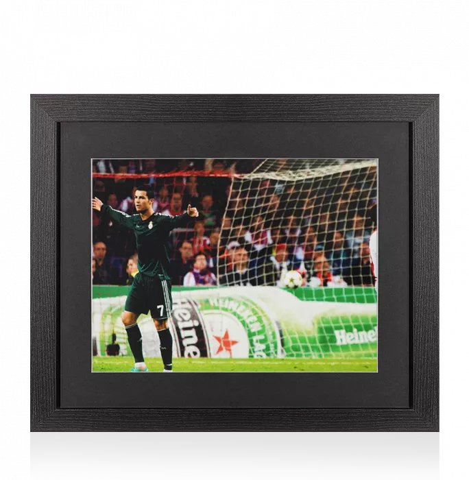 UNSIGNED Cristiano Ronaldo Photo In Black Wooden Frame: Real Madrid Arms Out Celebration UEFA Champions League