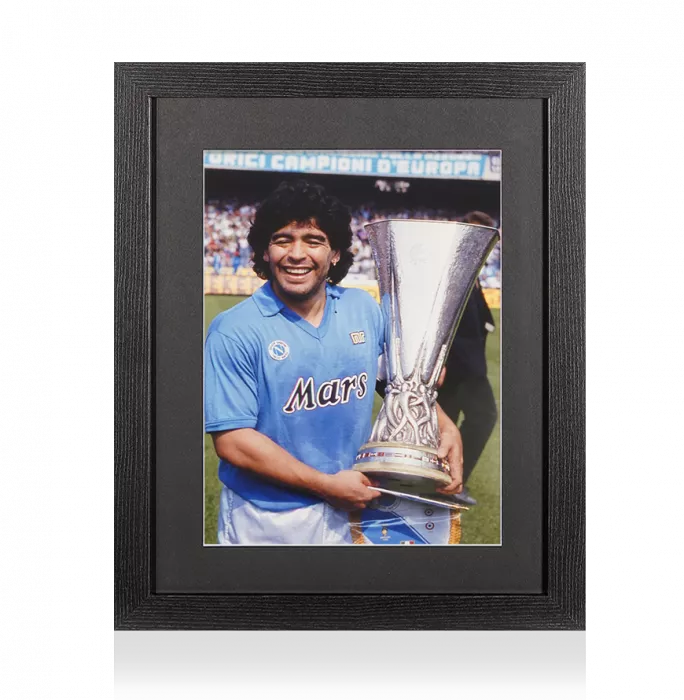 UNSIGNED Diego Maradona Photo In Black Wooden Frame: SSC Napoli 1989 UEFA Cup Winner
