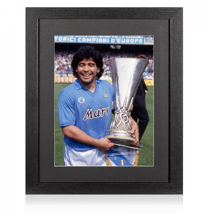 UNSIGNED Diego Maradona SSC Napoli Photo In Black Wooden Frame: 1989 UEFA Cup Winner