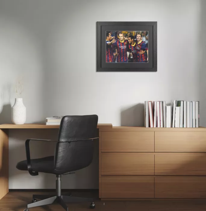 UNSIGNED FC Barcelona Photo In Black Wooden Frame: Lionel Messi Neymar Jr Andres Iniesta & Adriano Celebration